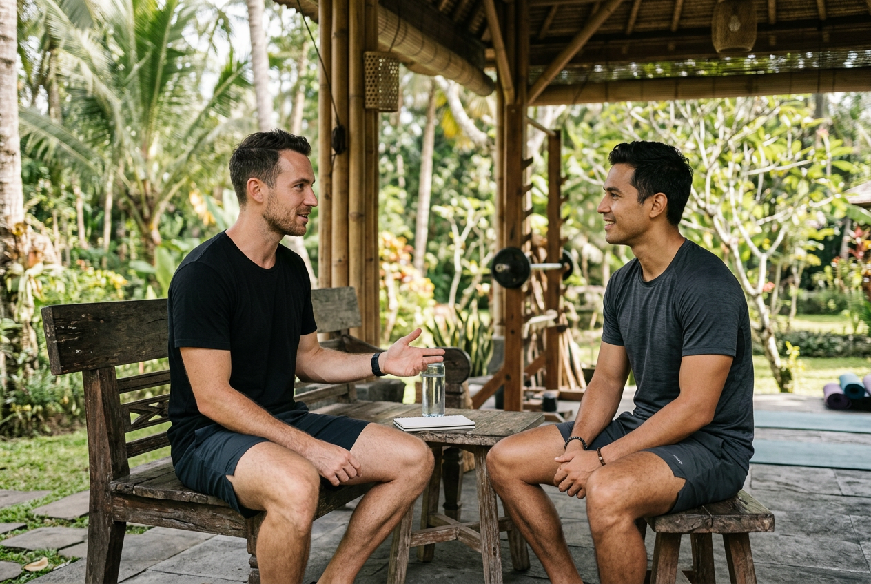 A wellness coach speaking with a male client at a Bali retreat pavilion