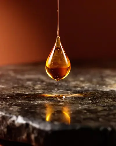Golden oil droplet on dark stone — hormonal health