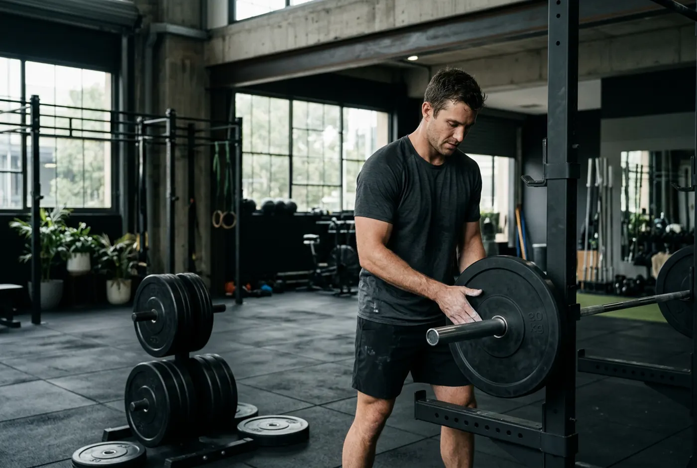 Australian athlete preparing a loaded barbell in a strength gym